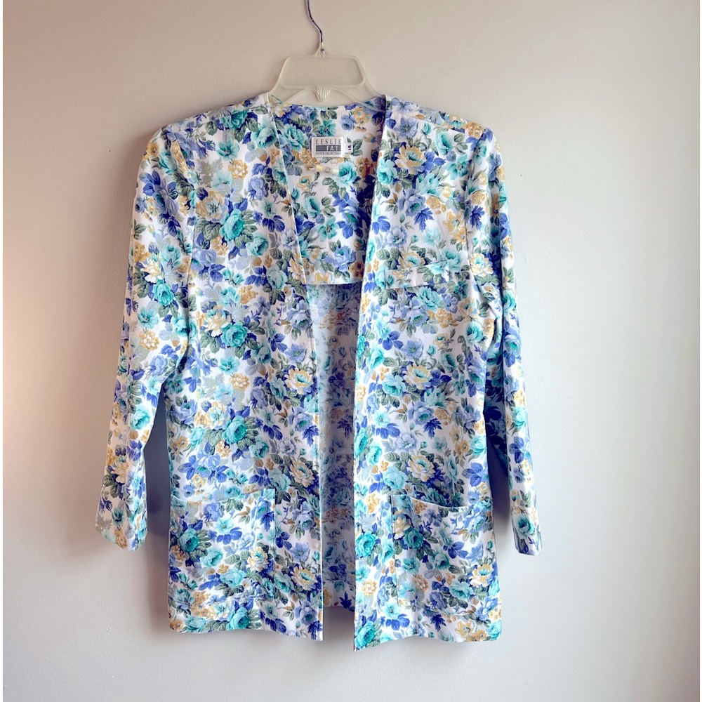 Vintage Leslie Fay Size 14 Purple Blue White Floral Open Front Women’s Blazer
